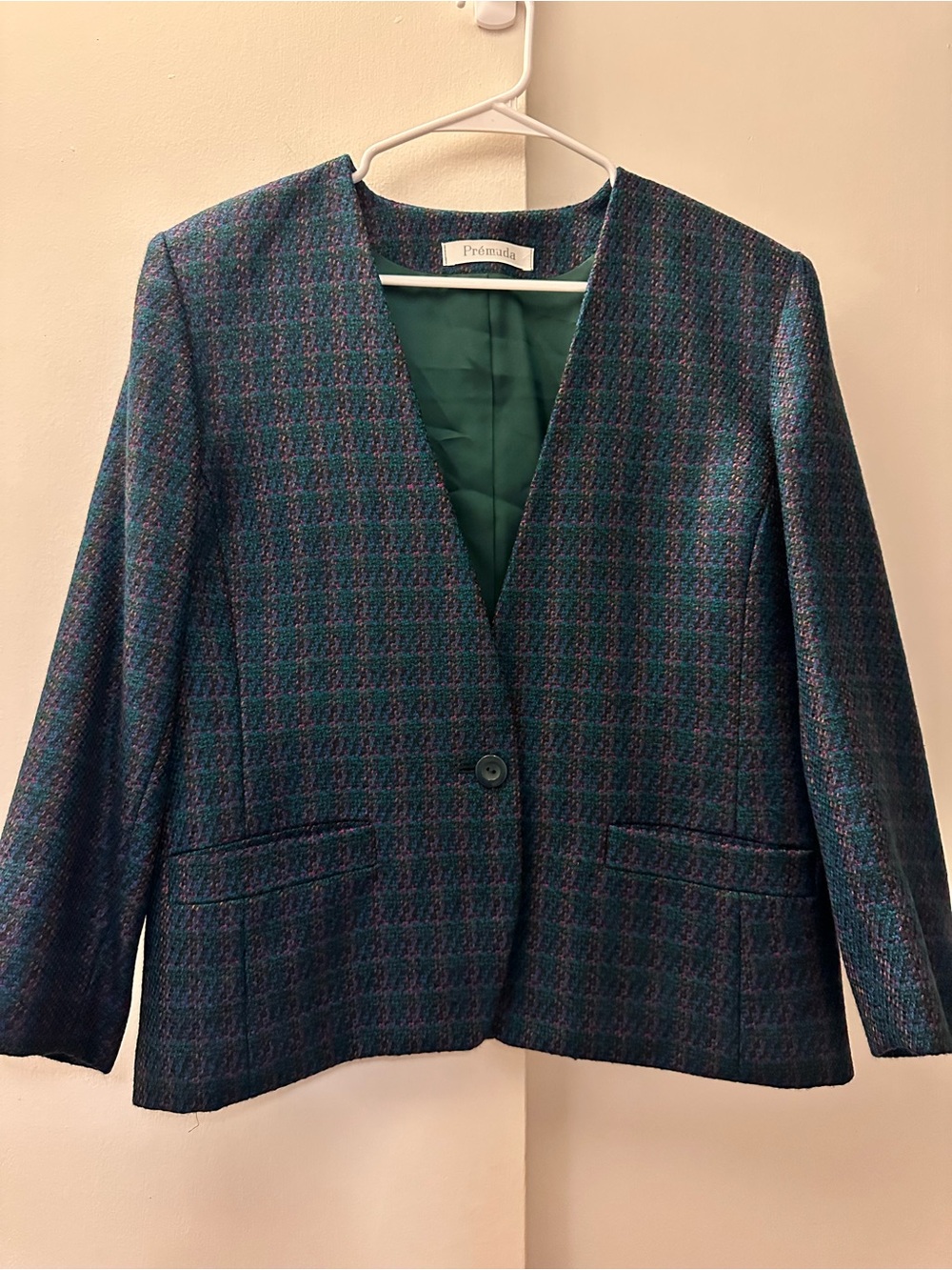 Prèmuda Women’s Teal & Purple Tweed Blazer Fall Aesthetic Vintage XL